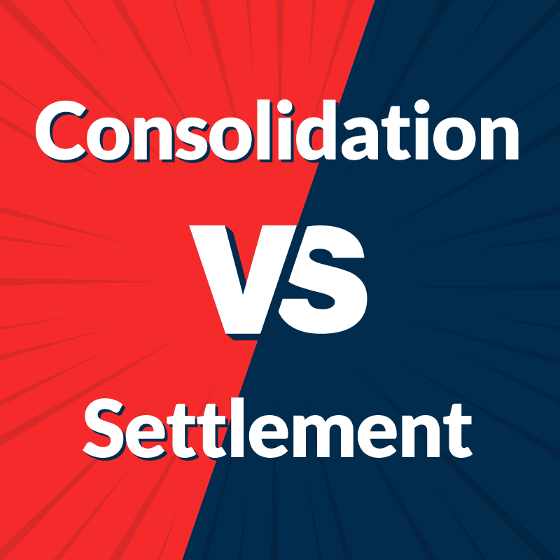 Debt Consolidation vs Debt on blue and red background