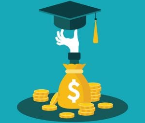 Illustration of coins and money bag with graduation cap sticking out of it
